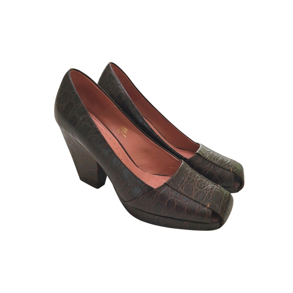 VTG Richard Tyler Kapella Brown Leather Crocodile Square Toe Wedge Heel Pumps 8